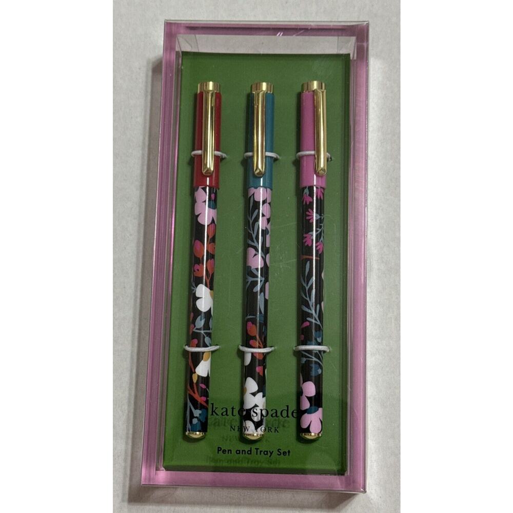 Kate Spade Fall Floral Fine Tip Pen Set of 3 in Pink Acrylic Tray New Sealed Pk